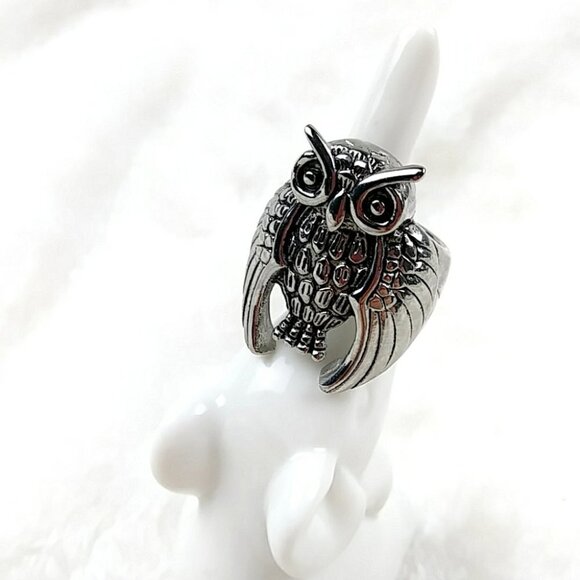 Silver Owl Ring Stainless Steel Statement Bird Biker Ring - Picture 5 of 13